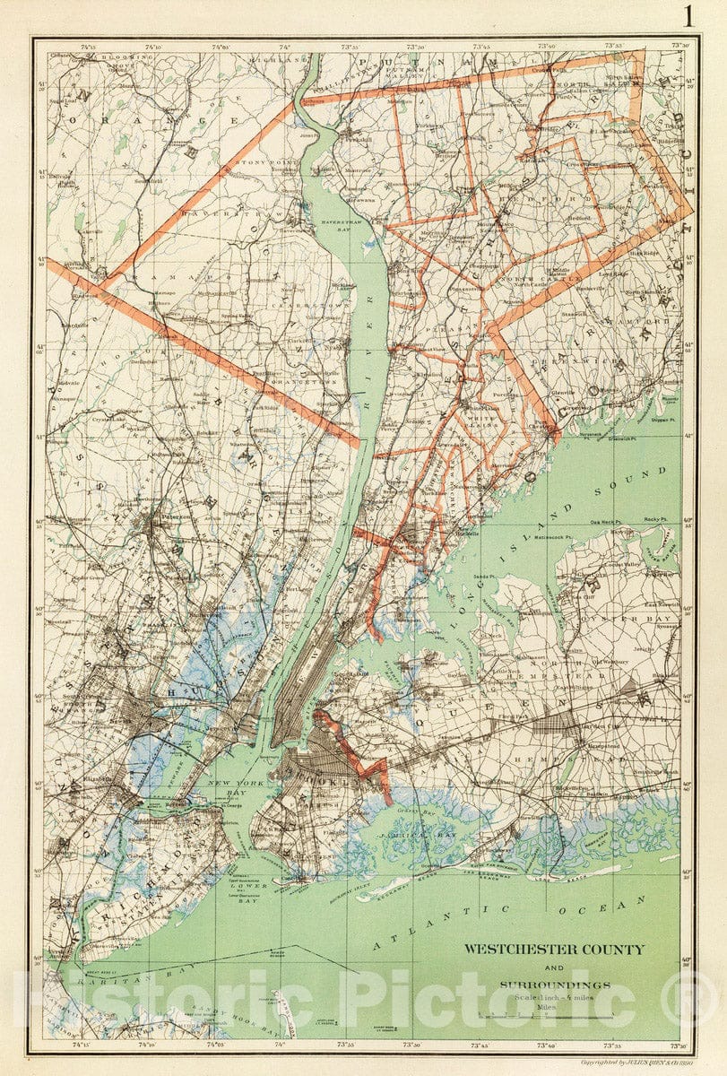 Historic Map : 1893 Westchester Co. & surroundings. - Vintage Wall Art