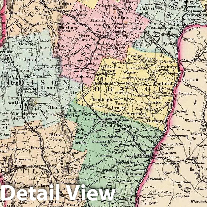 Vermont - Physical Map, 1856 - Colton's Atlas Historical Map Print