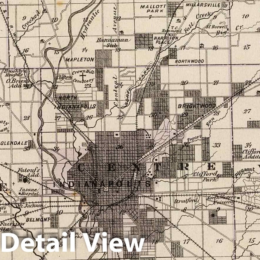 Marion County, Indiana - Railroad Map, 1876 - Historical Map Print