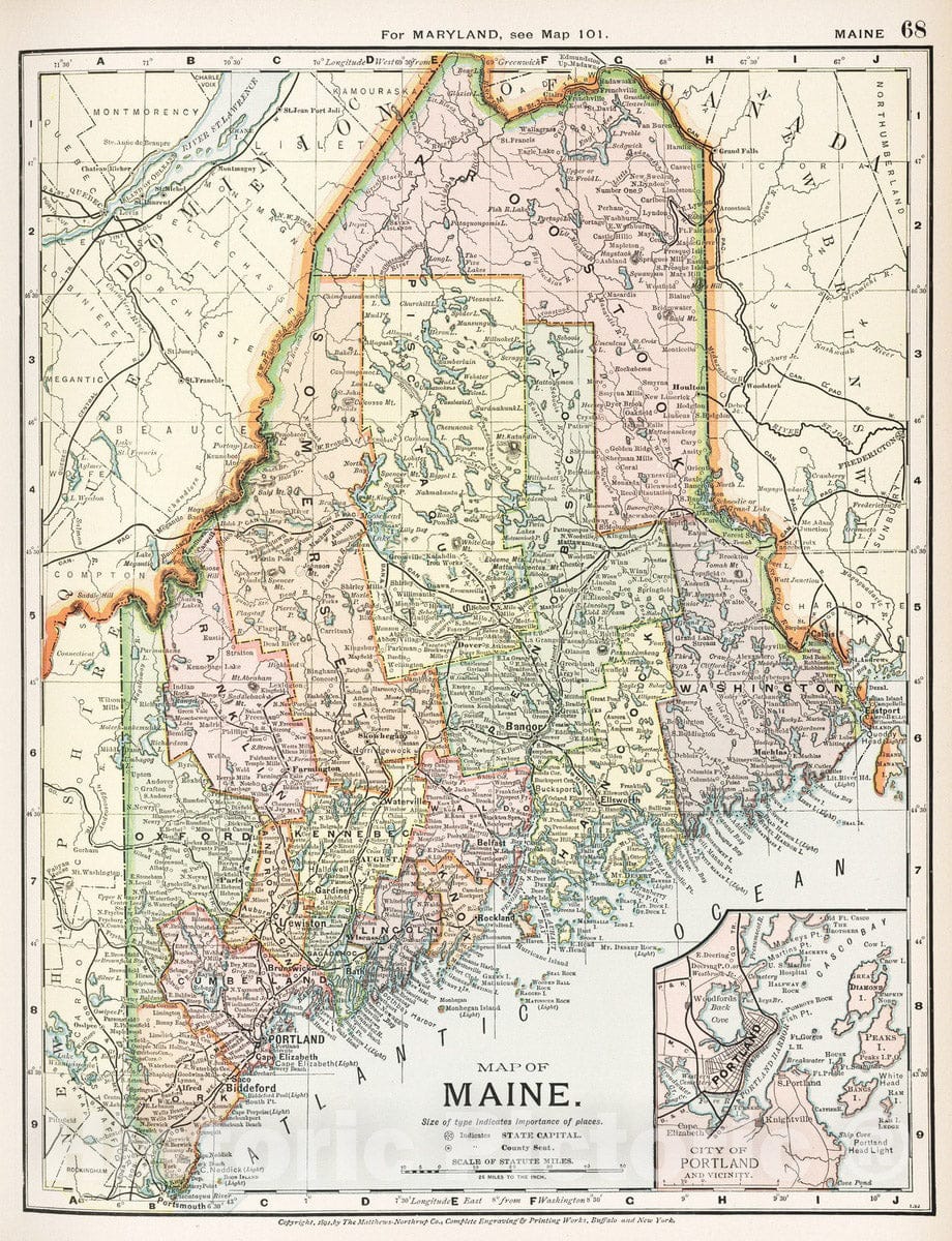 Maine - Railroad Map, 1891 - Historical Map Print