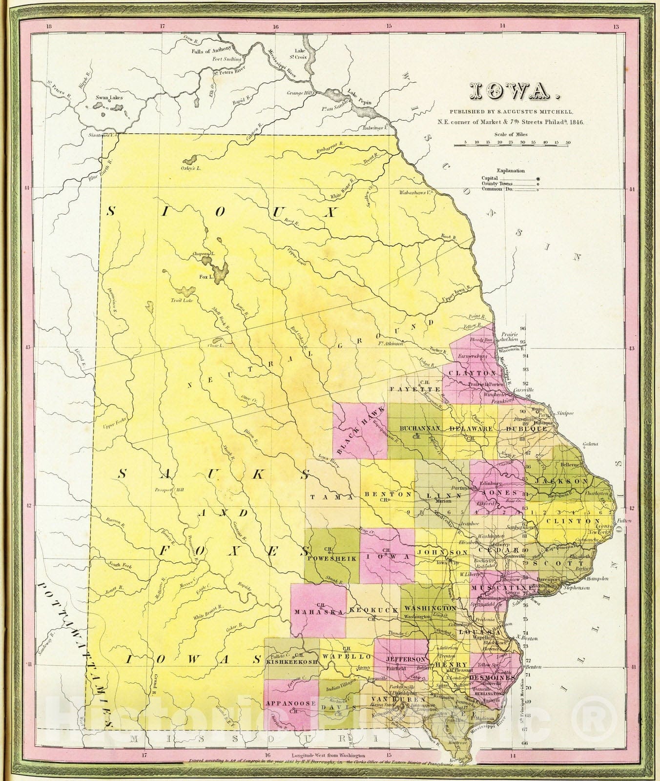 Historic Map : 1846 Iowa. - Vintage Wall Art