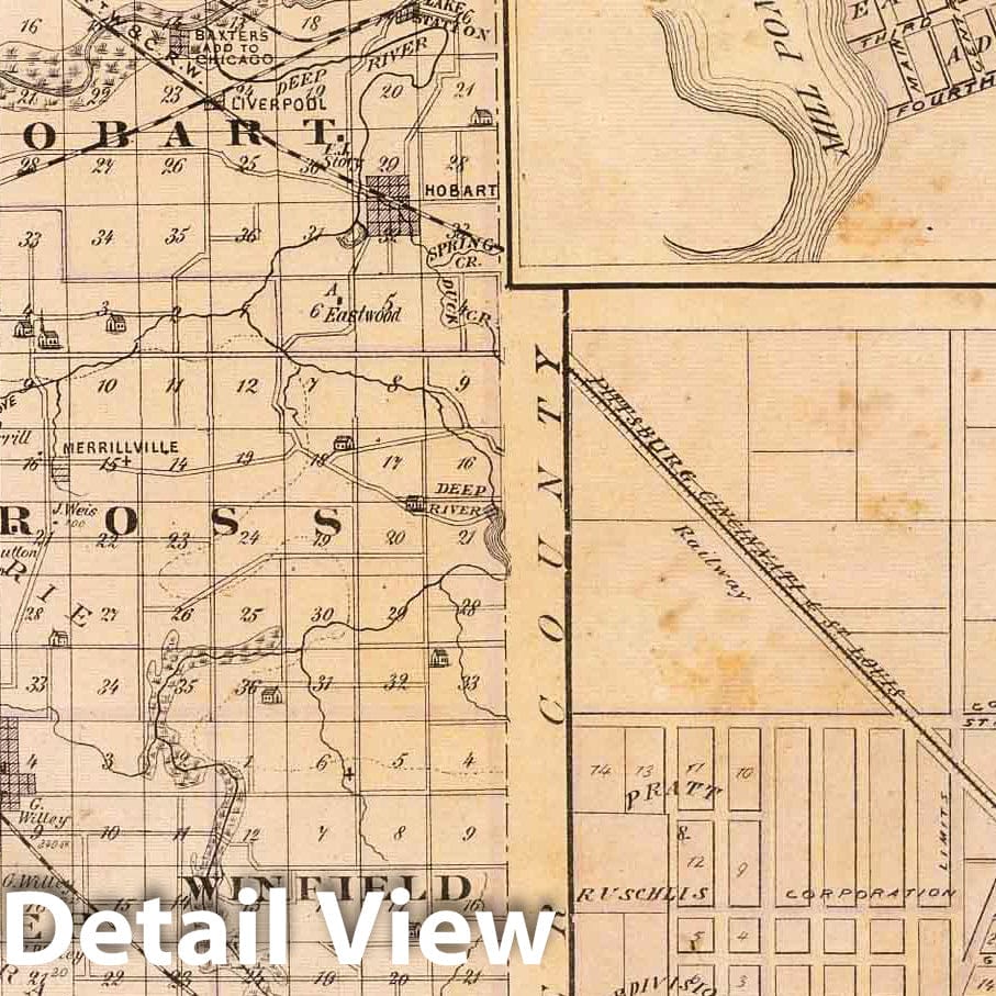 Lake County, Indiana with Lowell, Hobart, Crown Point, 1876 - Historical Map Print