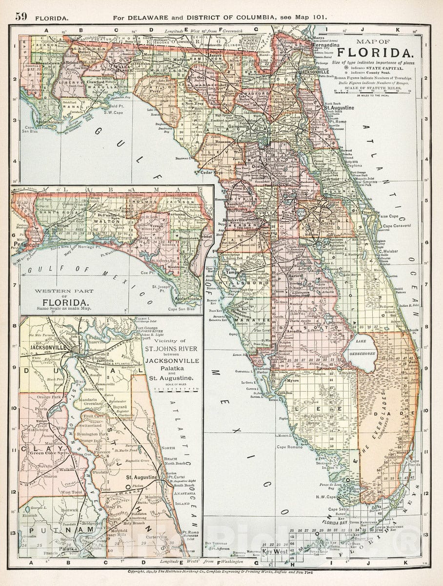 Historic Map : 1891 Map of Florida. 59 - Vintage Wall Art