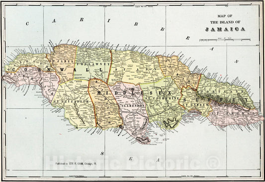 Historic Map : 1901 Map of Island of Jamaica - Vintage Wall Art