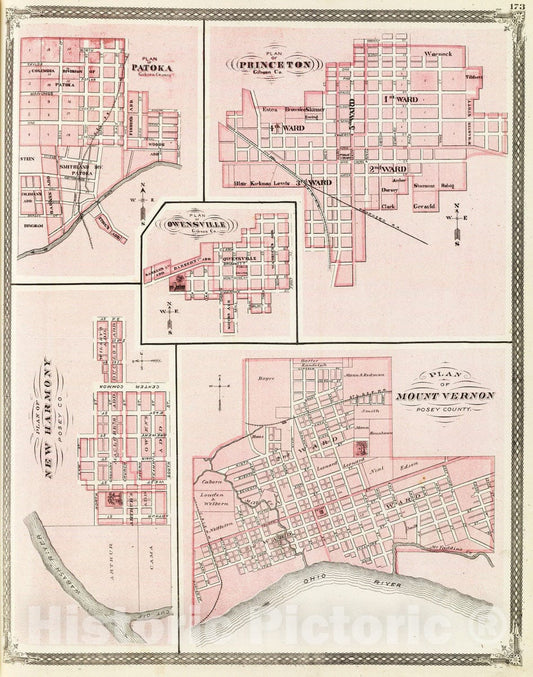 Mount Vernon and New Harmony, Indiana 1876 Historical Atlas Map