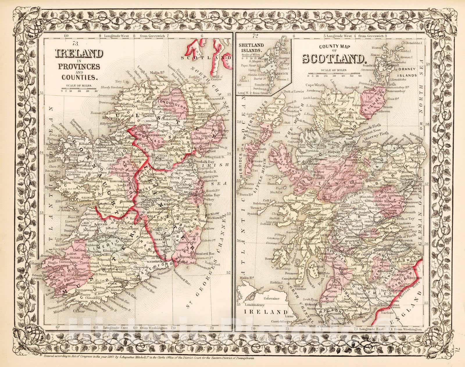 Historic Map : 1868 County map of Scotland - Vintage Wall Art
