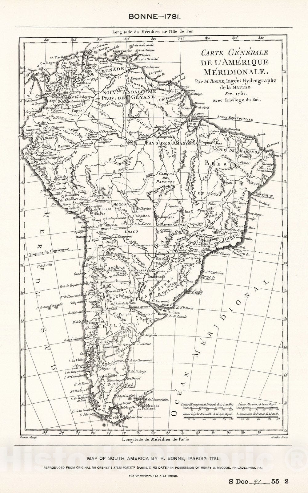 Historic Map : National Atlas - 1781 South America by Bonne. - Vintage Wall Art