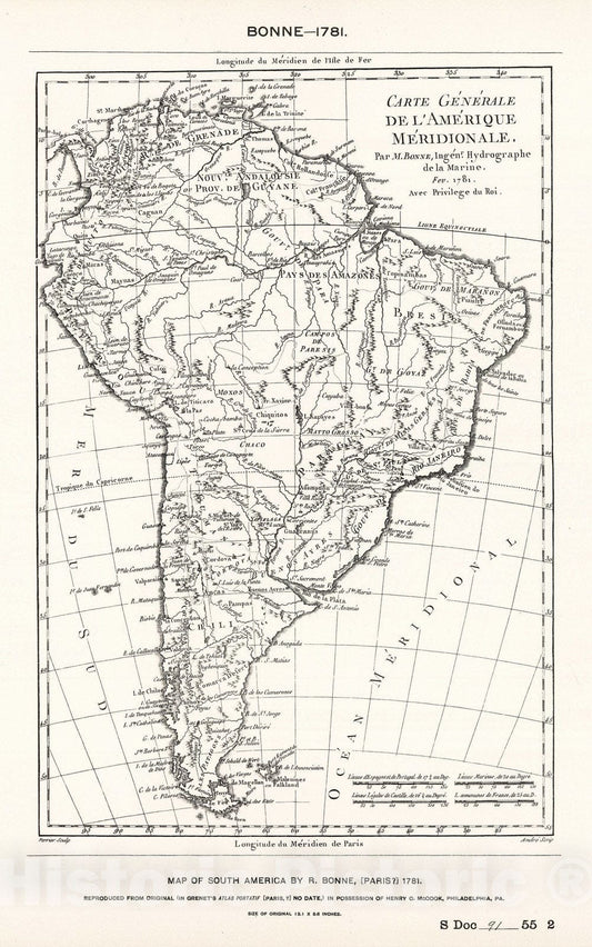 South America (Facsimile Bonne) - Route Map, 1781 - Historical Map Print