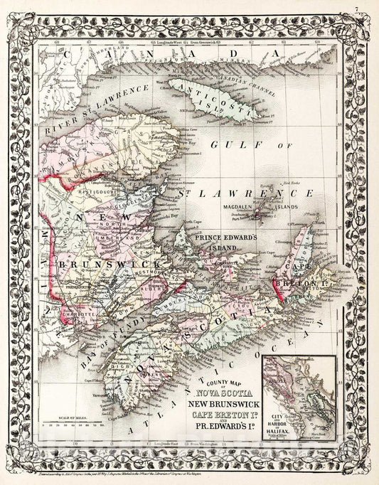 Historic Map : 1874 County Map of Nova Scotia, New Brunswick, Cape Breton Id. and Pr. Edward's Id. - Vintage Wall Art