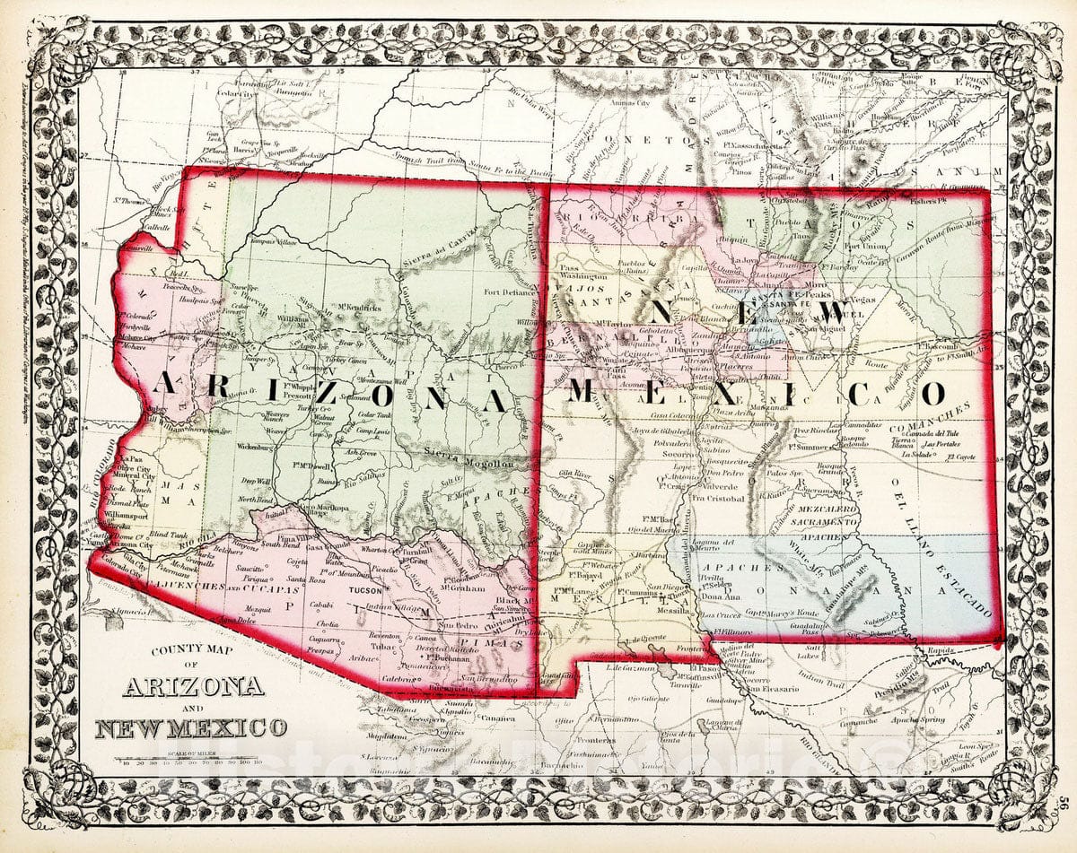 Arizona and New Mexico - Railroad Map, 1874 - Historical Map Print
