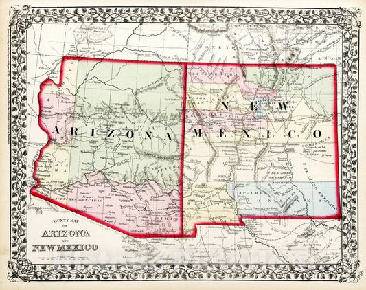 Arizona and New Mexico - Railroad Map, 1874 - Historical Map Print