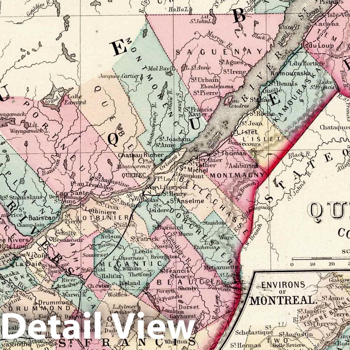 Historic Map : 1877 Map of Quebec in Counties - Vintage Wall Art