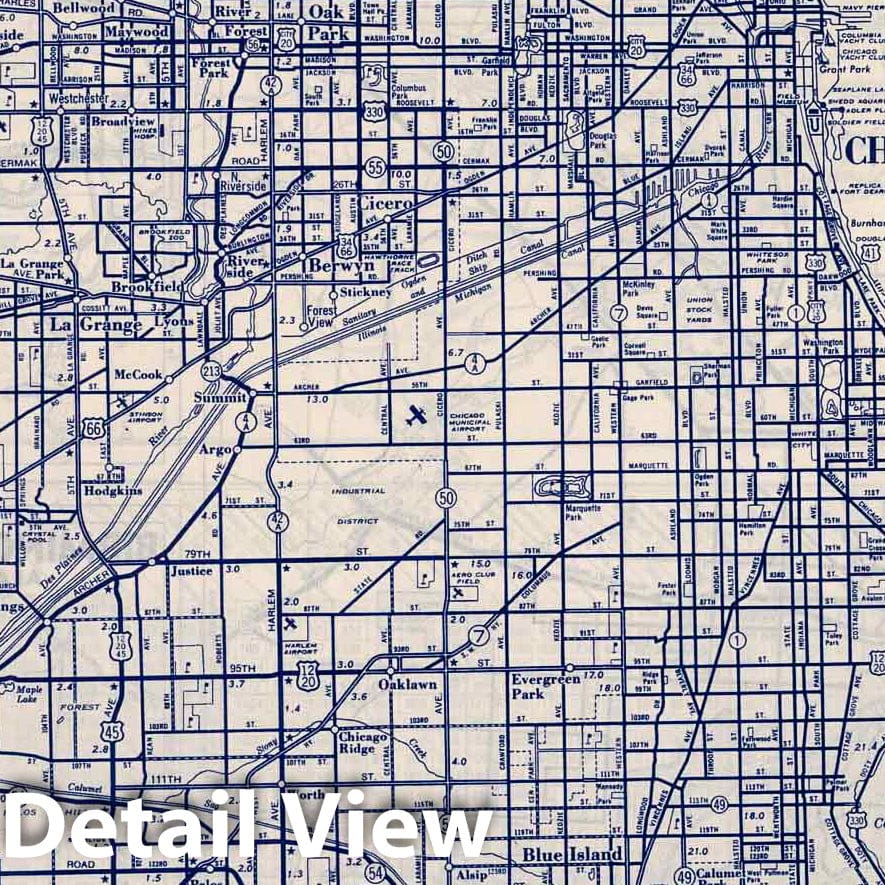 Chicago and Vicinity, Illinois - Road Map, 1940 - Historical Map Print
