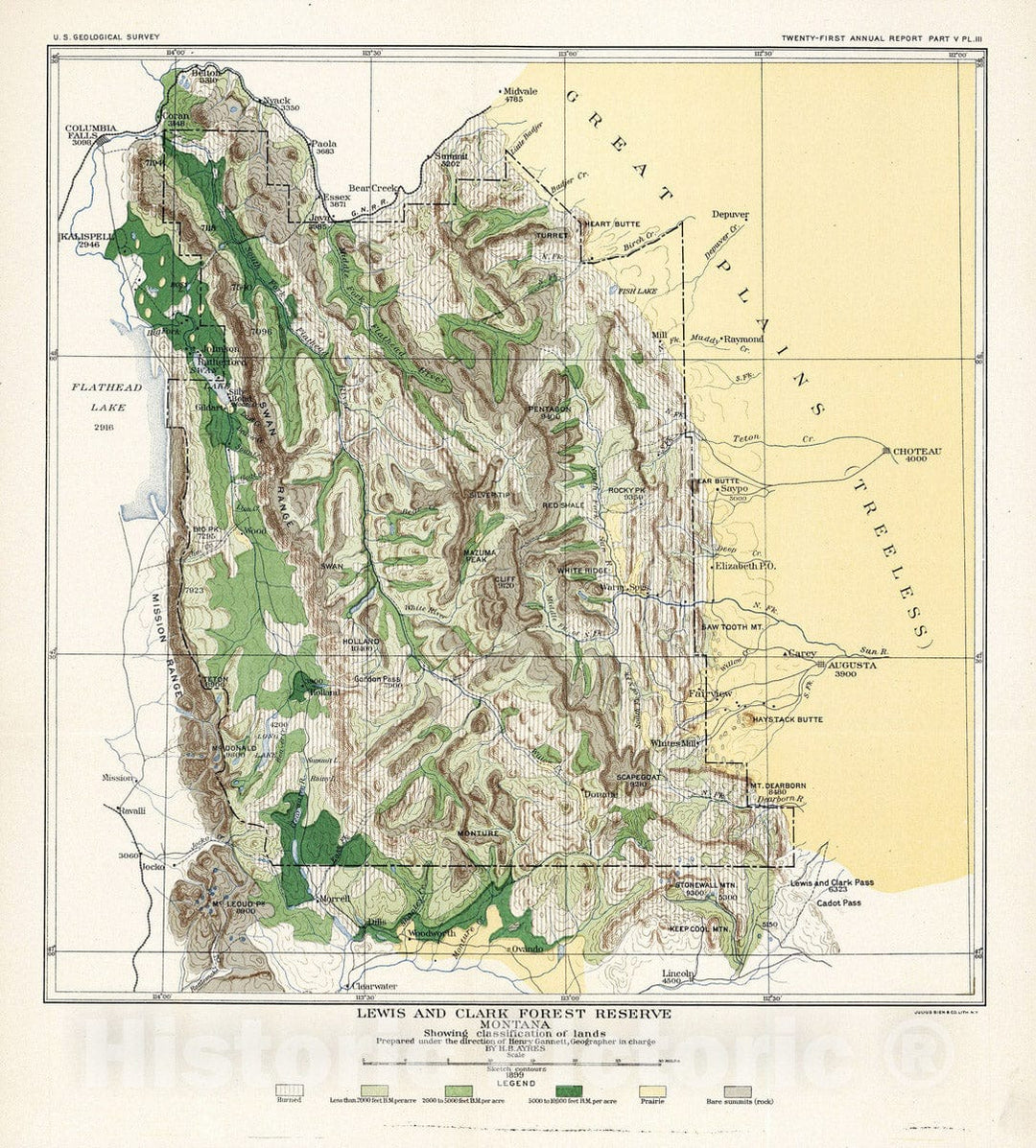Historic Map : Geologic Atlas - 1899 Plate III. Lewis and Clark Forest Reserve, Montana, Showing Classification of Lands, 1899. - Vintage Wall Art