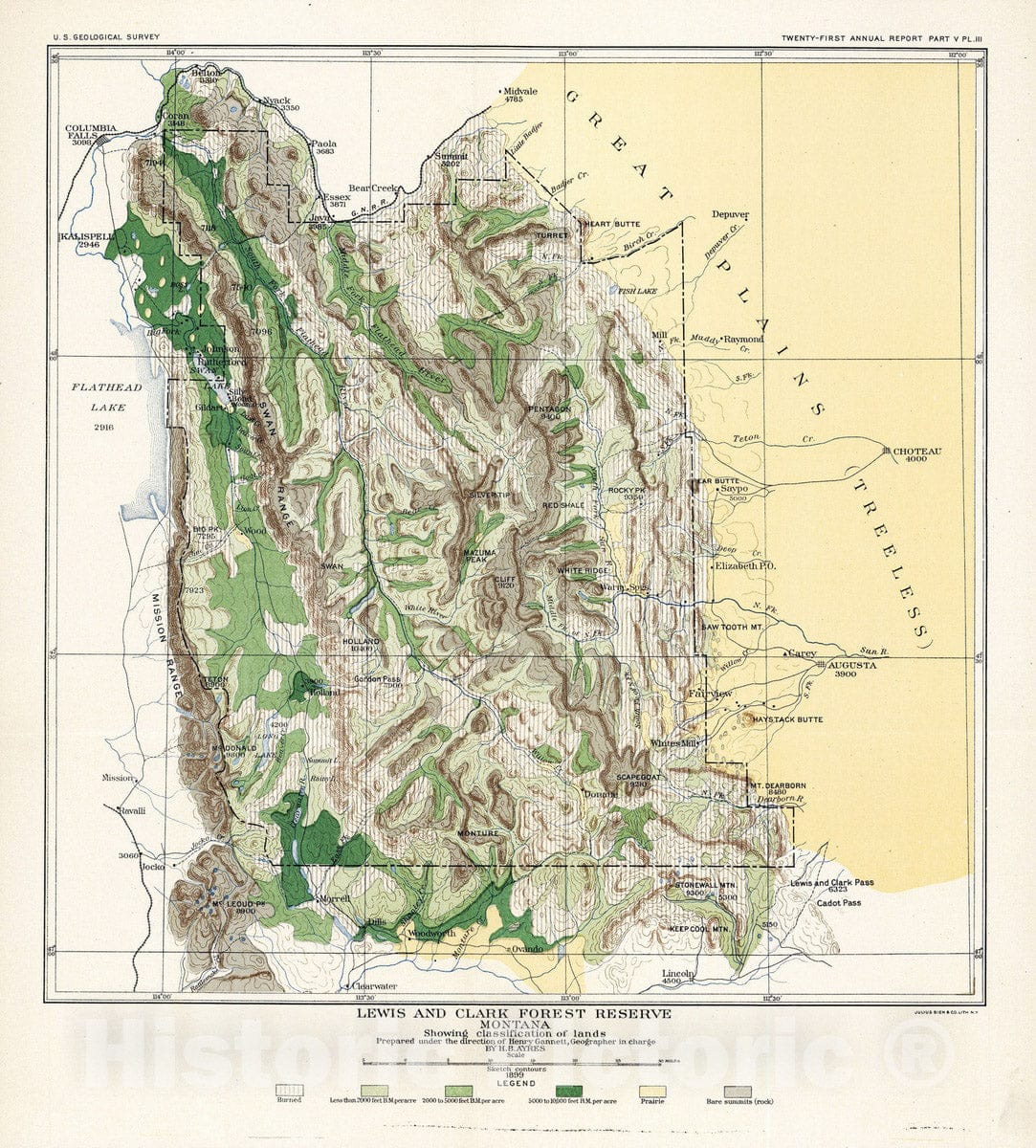 Historic Map : Geologic Atlas - 1899 Plate III. Lewis and Clark Forest Reserve, Montana, Showing Classification of Lands, 1899. - Vintage Wall Art