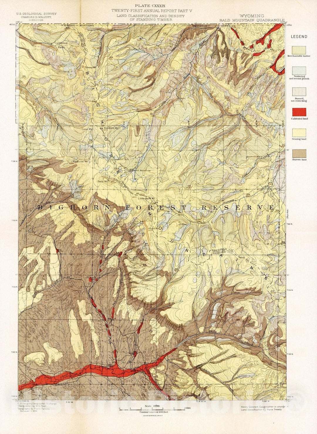 Historic Map : Geologic Atlas - 1900 Plate CXXXIX. Bald Mountain Quadrangle, Wyoming, Land Classification and Density of Standing Timber. - Vintage Wall Art