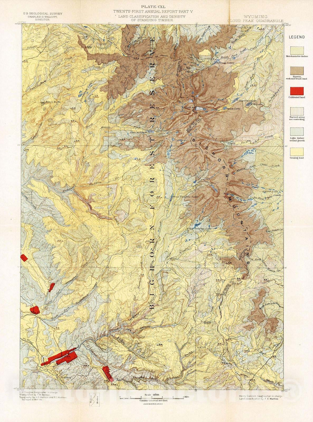 Historic Map : Geologic Atlas - 1900 Plate CXL. Cloud Peak Quadrangle, Wyoming, Land Classification and Density of Standing Timber. - Vintage Wall Art