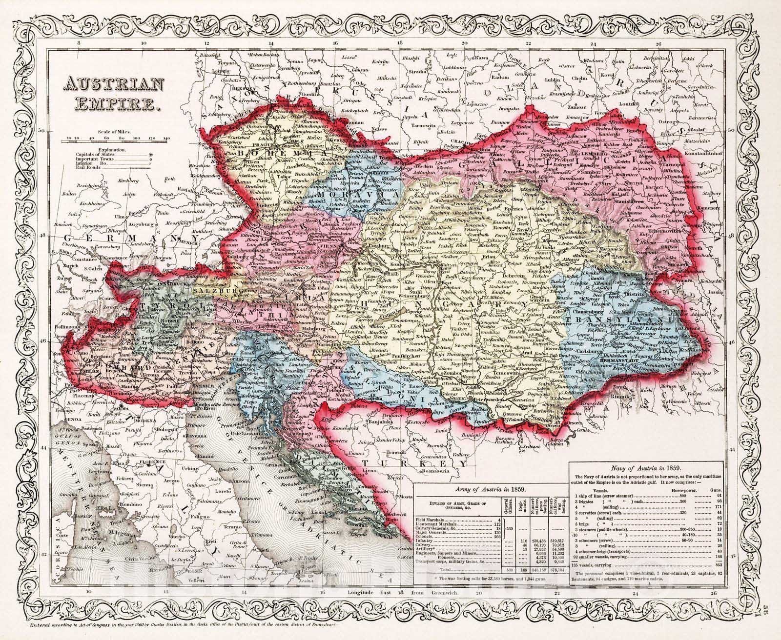 Historic Map : 1860 Austrian Empire. - Vintage Wall Art