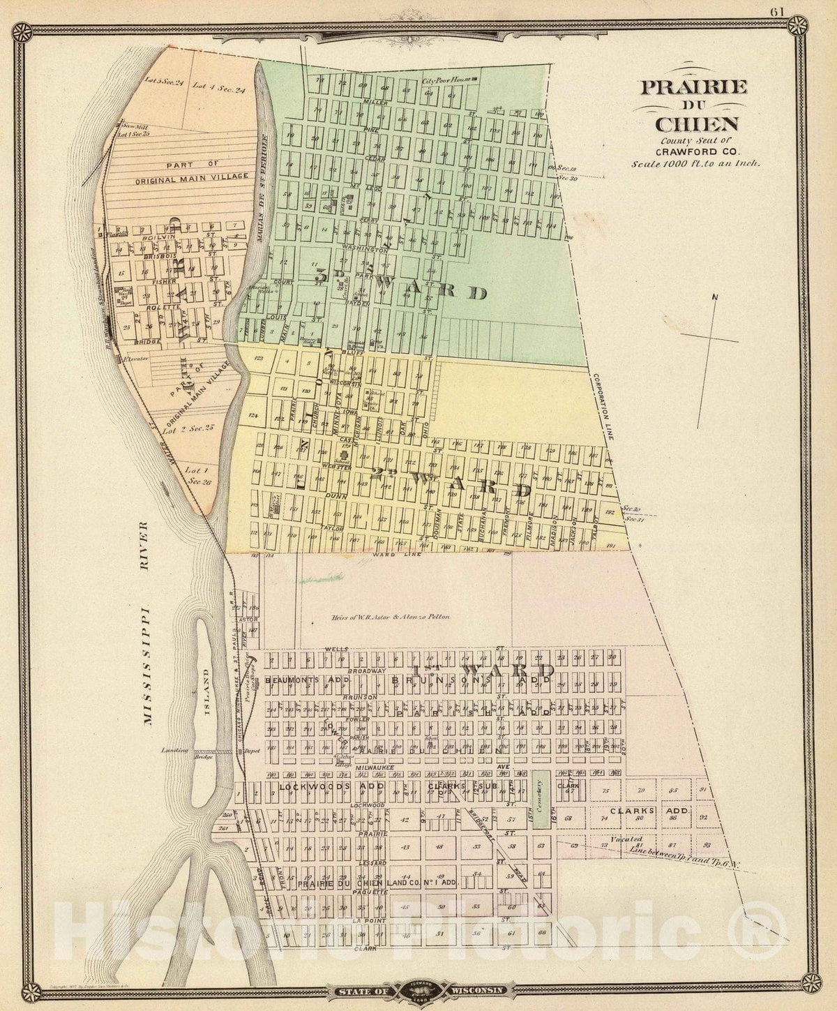 Historic Map : 1878 Prairie du Chien, county seat of Crawford Co. - Vintage Wall Art