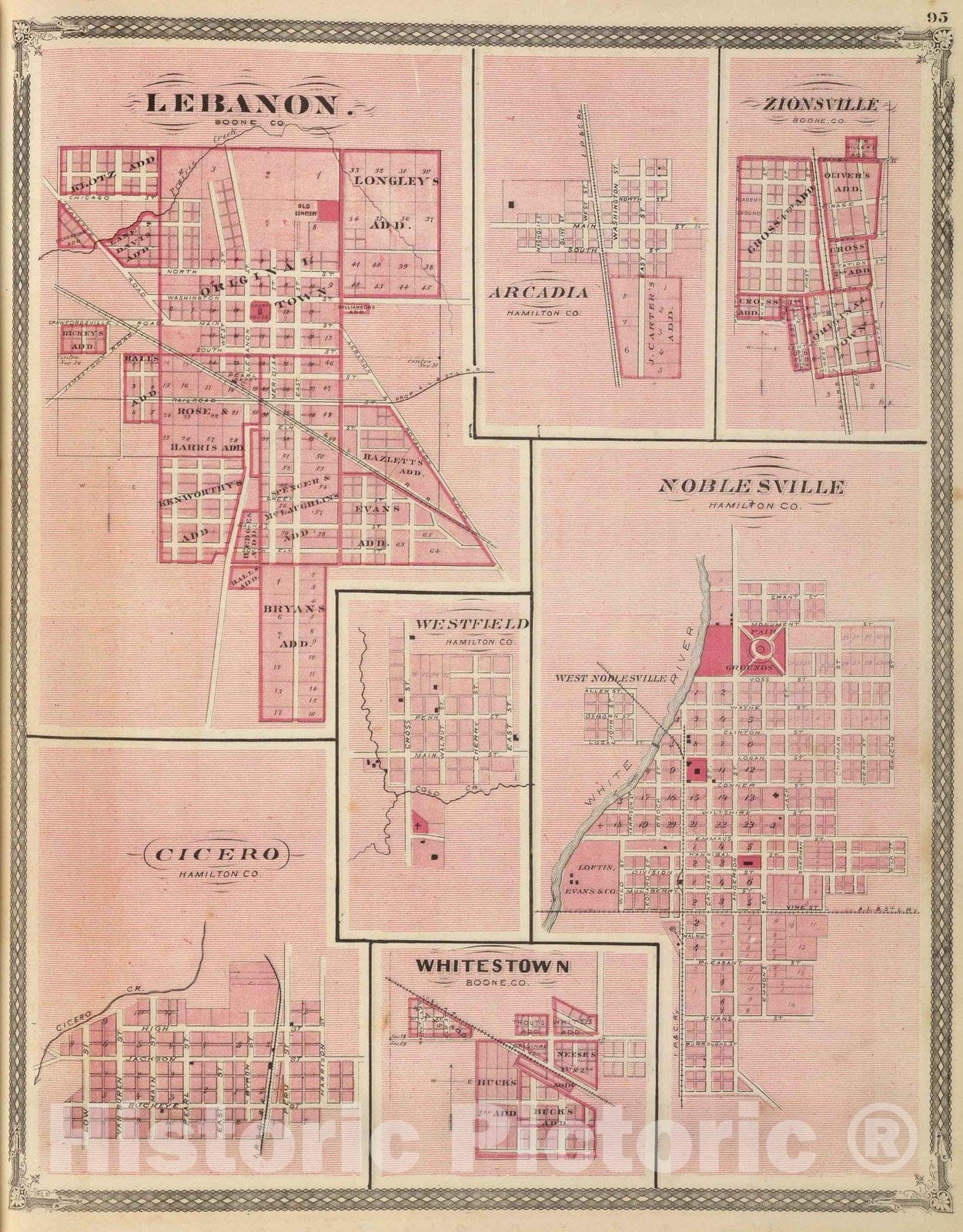 Historic Map : 1876 Lebanon, Boone Co. (with) Arcadia, Zionsville, Noblesville, Westfield, Cicero, Whitestown. - Vintage Wall Art