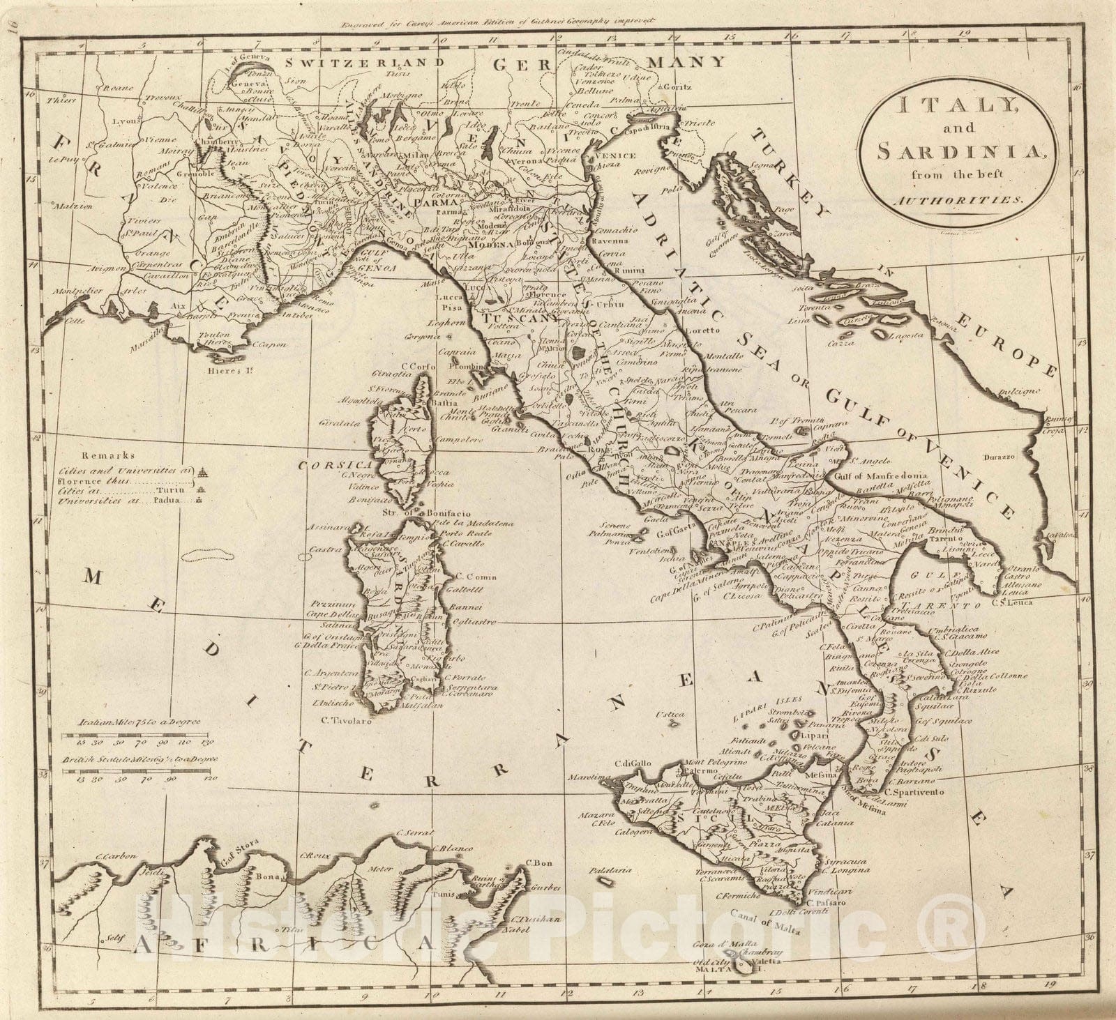 Italy and Sardinia, 1811 - Historical Map Print from Carey's General Atlas