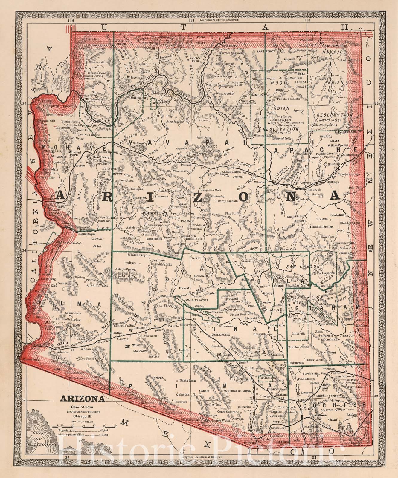 Arizona, 1883 - Historical Map Print from Cram's Family Atlas