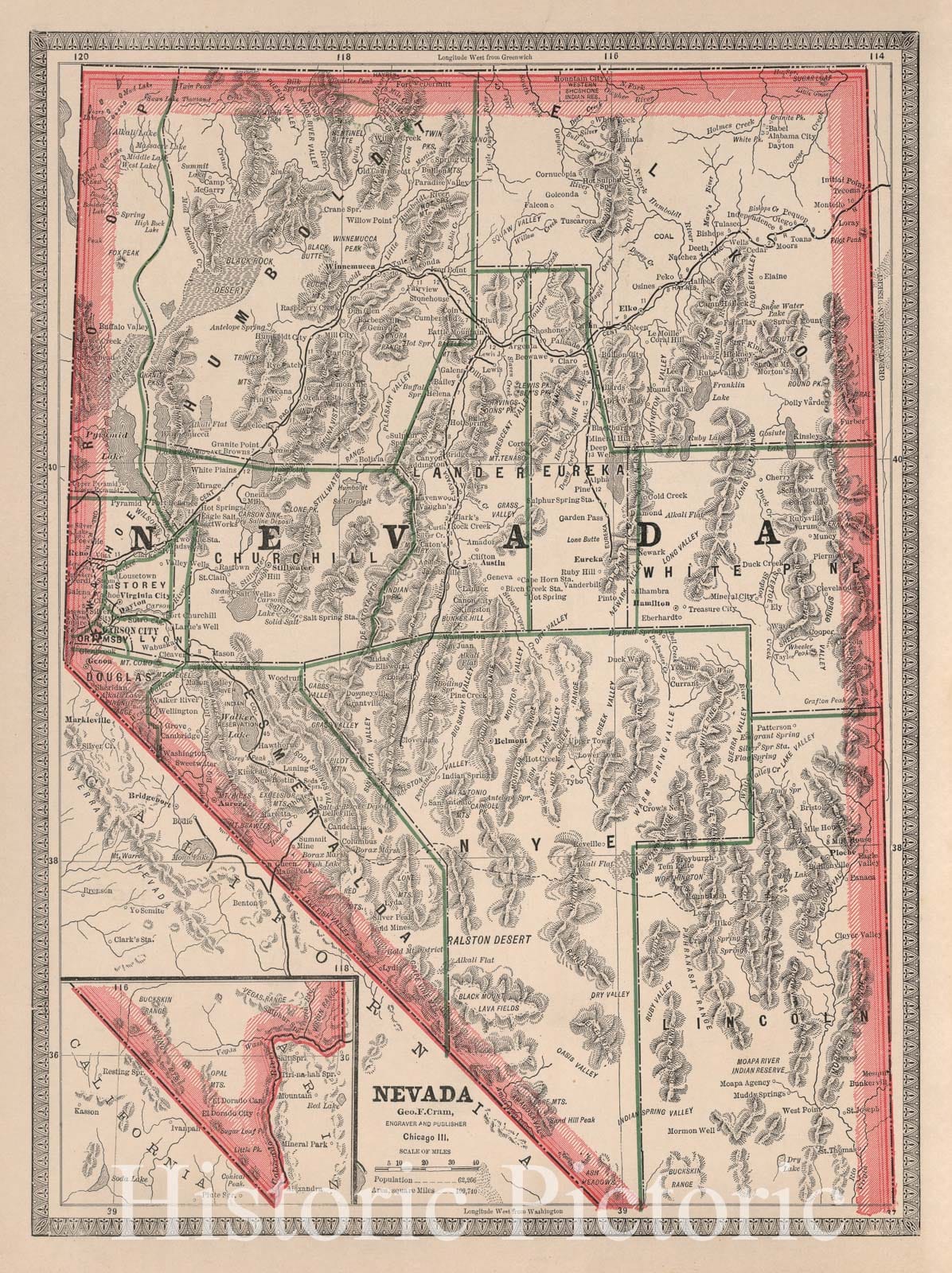 Historic Map : 1883 Map of Nevada : Vintage Wall Art