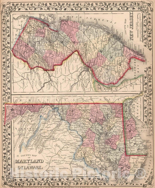 Historic Map : 1868 County map of New Jersey. County map of Maryland and Delaware - Vintage Wall Art