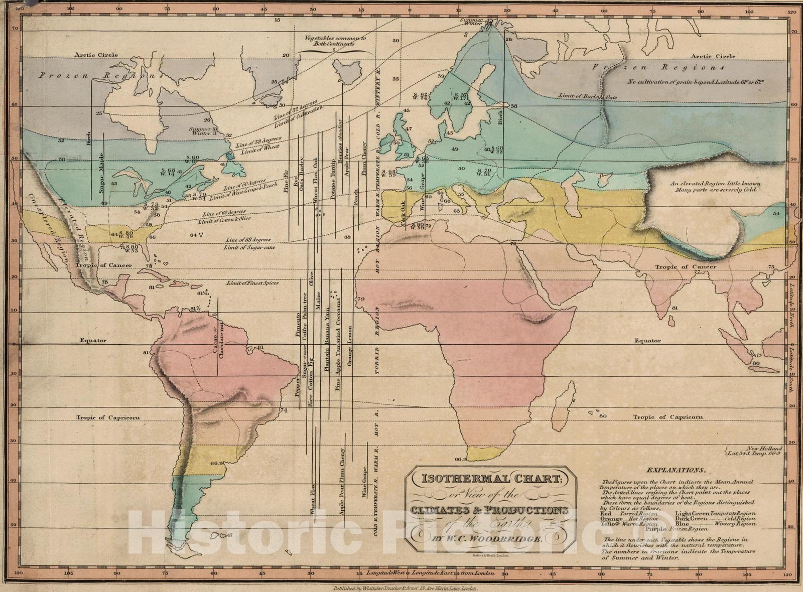Historic Map : School Atlas - 1828 Isothermal Chart Or View Of the Climates & Productions of The Earth - Vintage Wall Art
