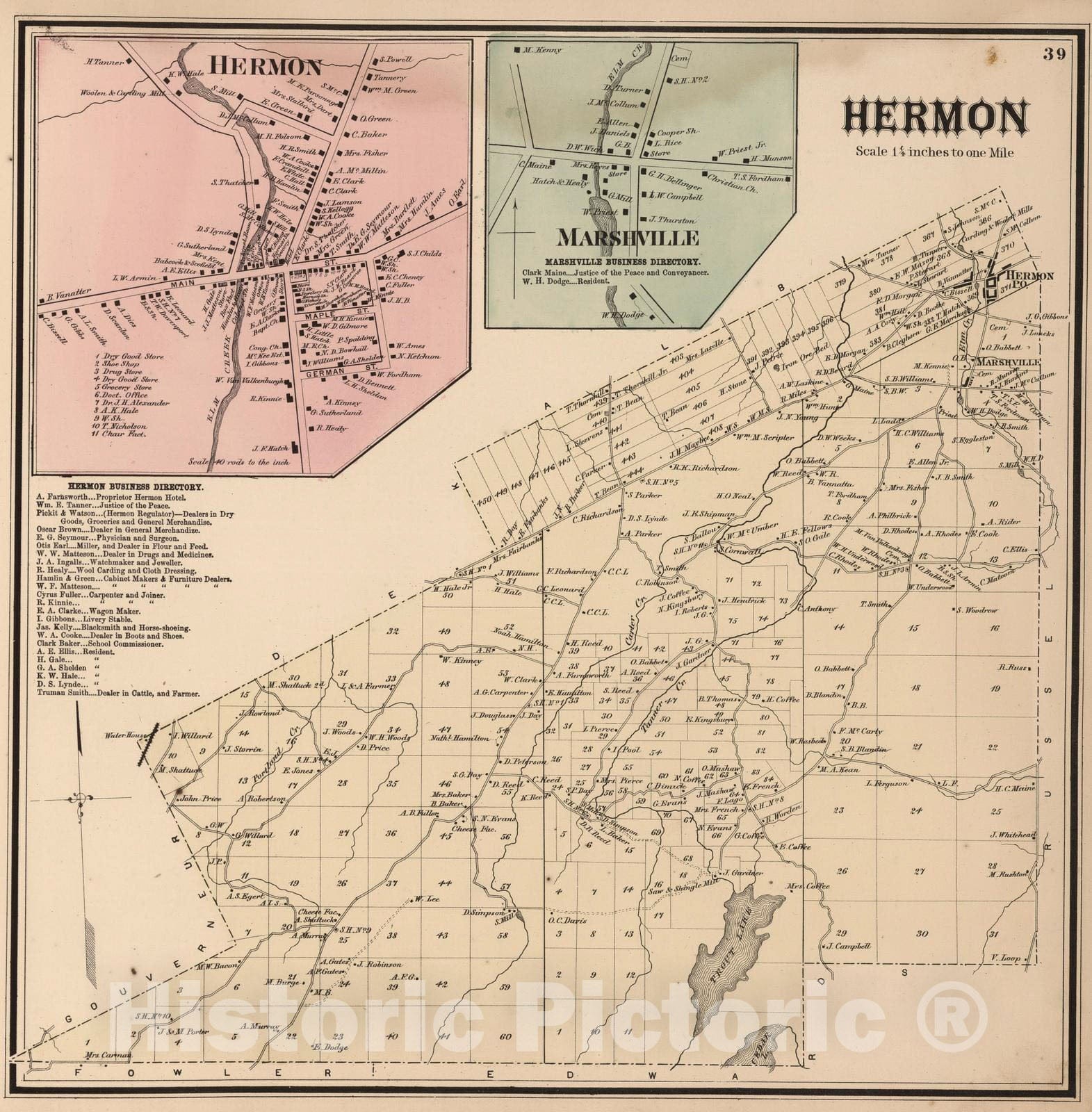 Historic Map : 1865 Hermon, Saint Lawrence County, New York. Hermon. Marshville. - Vintage Wall Art