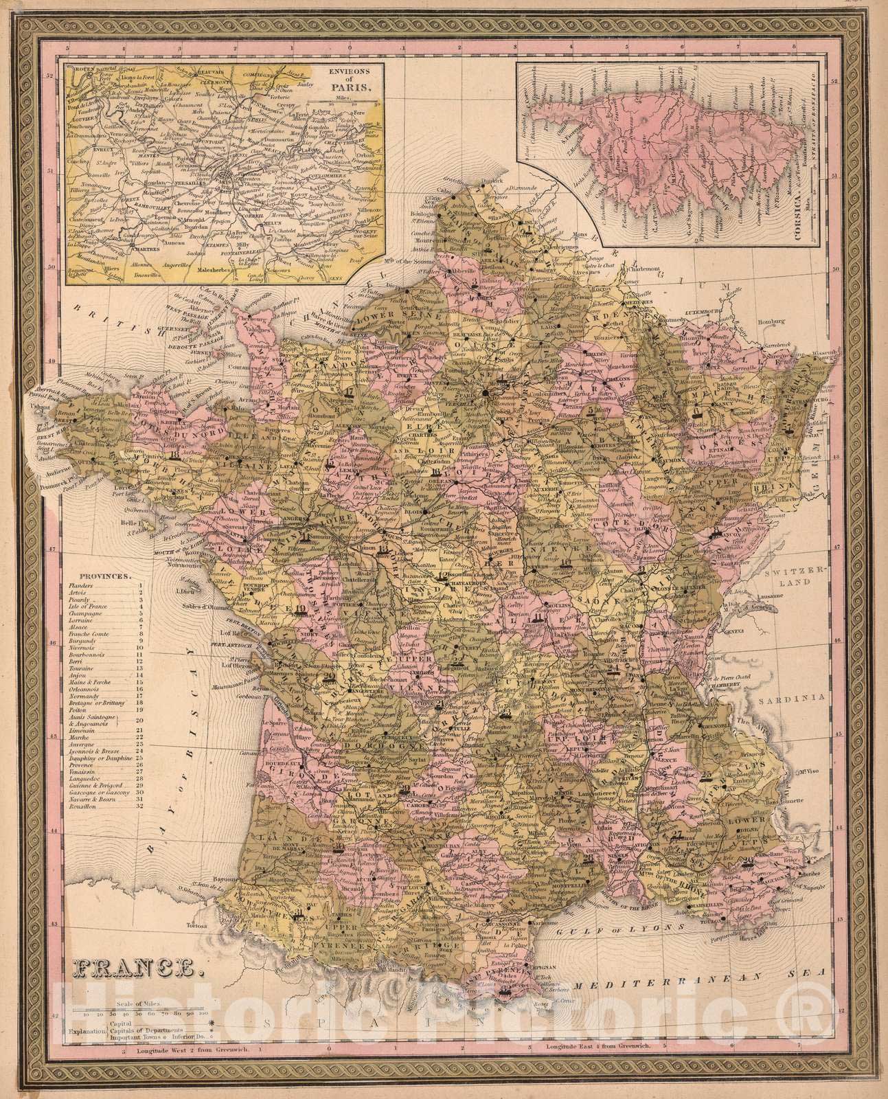 Historic Map : 1850 France. - Vintage Wall Art