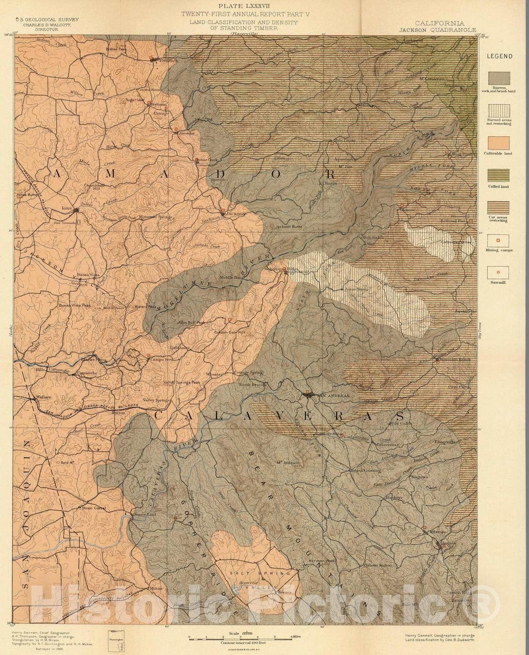 Historic Map : Geologic Atlas - 1888 Plate LXXXVII. Jackson Quadrangle, Land Classification and Density of Standing Timber. - Vintage Wall Art