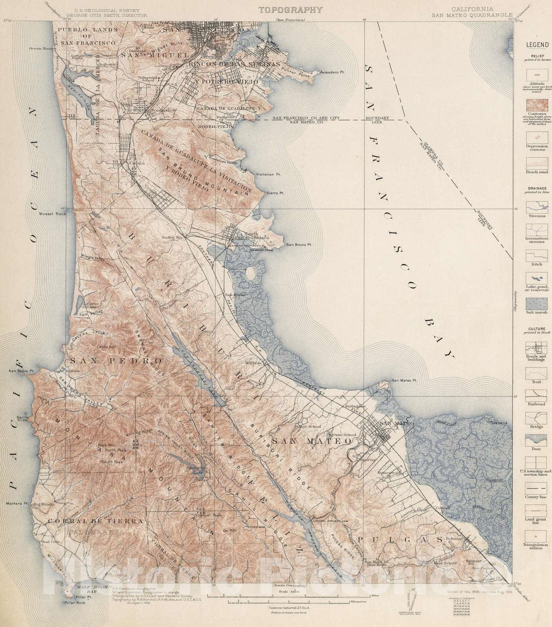 Historic Map : Geologic Atlas - 1913 San Mateo Quadrangle. Topography. - Vintage Wall Art