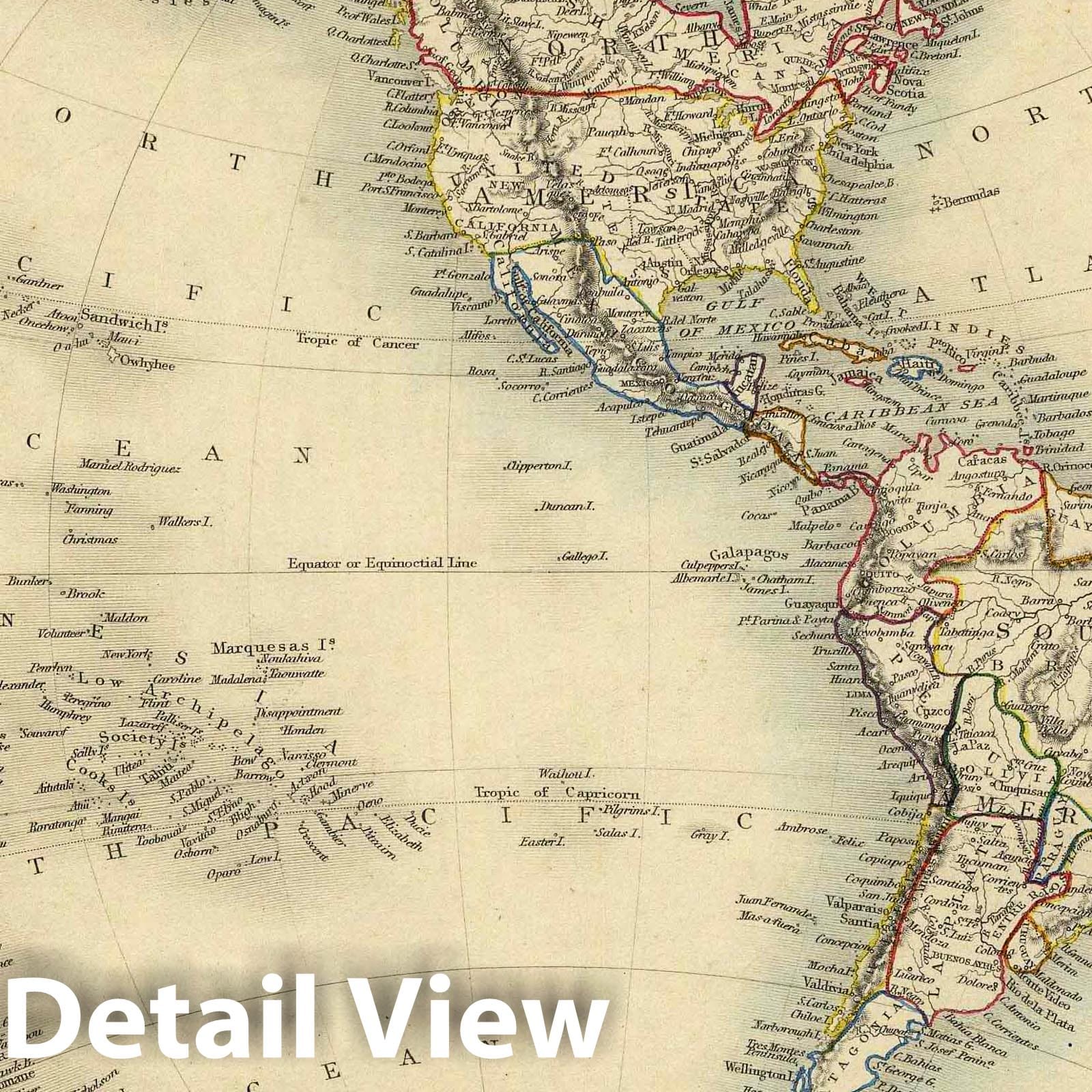 Western Hemisphere 1851 Hand-Colored Historical Map Print