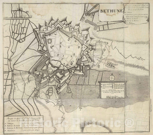 Historic Map : Bethune , France, 1710 52. La Ville de Bethune, France, avec les Attaques. 1710. , Vintage Wall Art