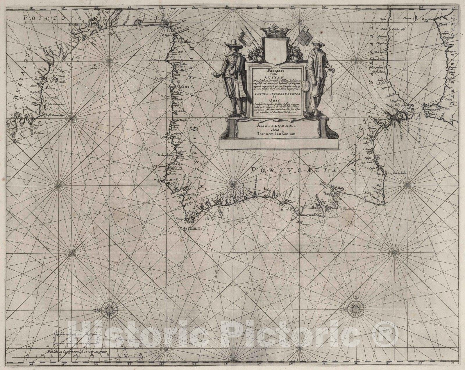 Historic Map : Spain, 1650 Pascaart Vande Custen, Tabula Hydrographica di Oris. , Vintage Wall Art