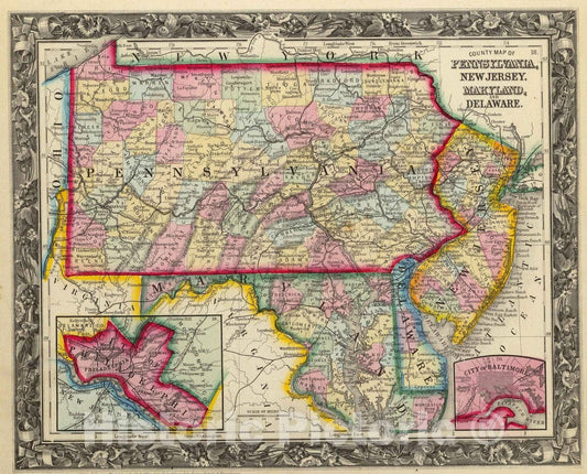 Historic Map : 1860 County Map Of Pennsylvania, New Jersey, Maryland, And Delaware. - Vintage Wall Art