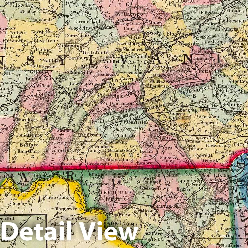 Pennsylvania, New Jersey, Maryland, and Delaware, 1860 - Historical Map Print