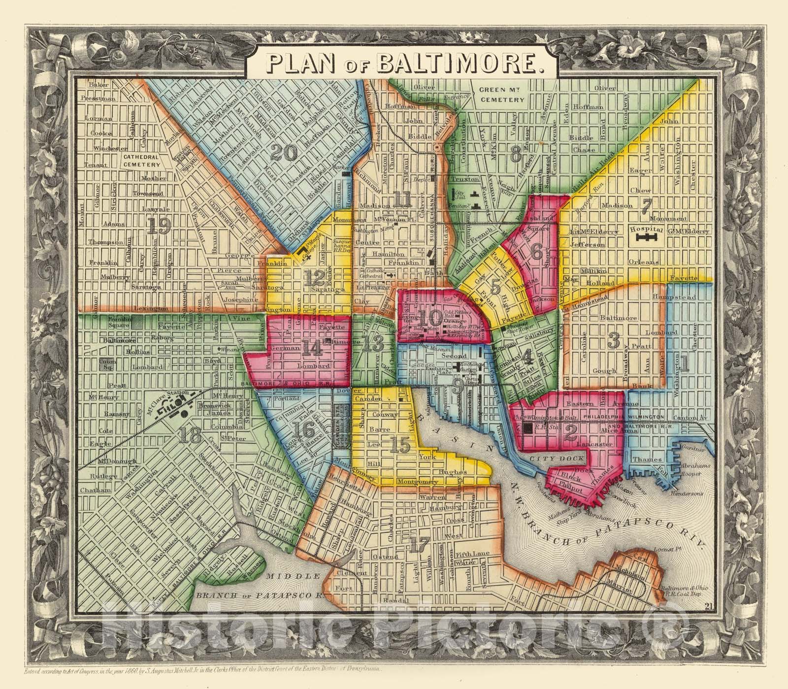 Historic Map - 1860 Plan Of Baltimore. - Vintage Wall Art