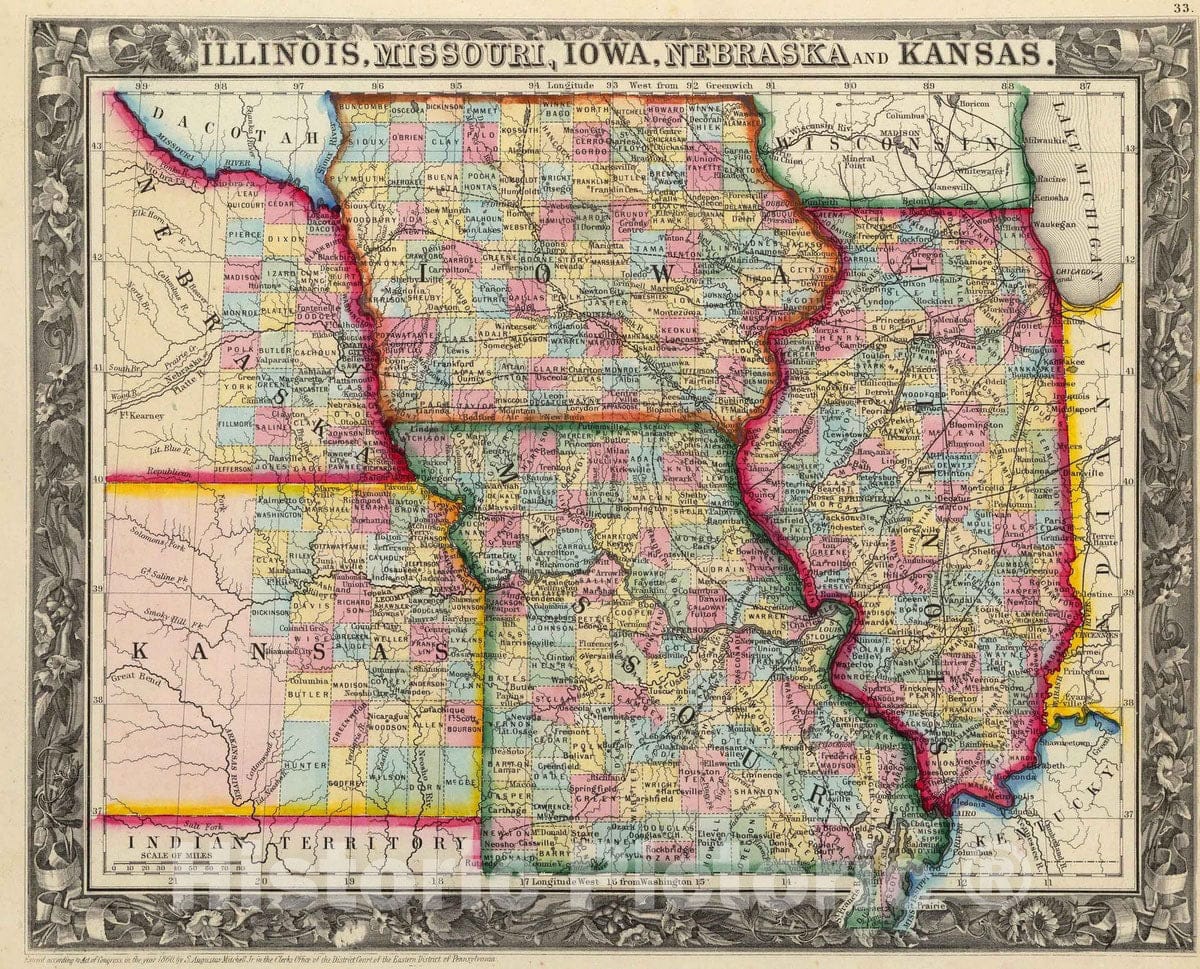 Historic Map : 1860 Illinois, Missouri, Iowa, Nebraska And Kansas. - Vintage Wall Art
