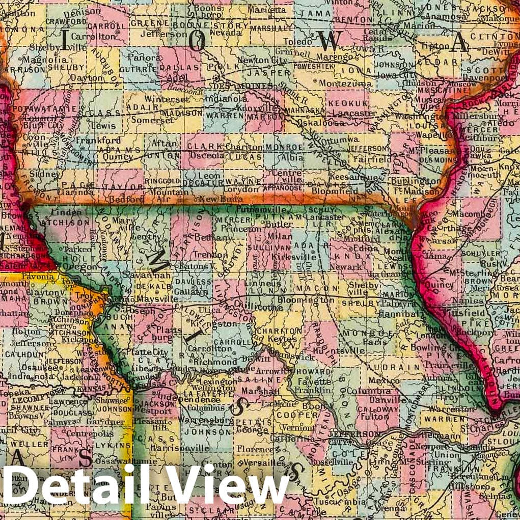 Historic Map : 1860 Illinois, Missouri, Iowa, Nebraska And Kansas. - Vintage Wall Art