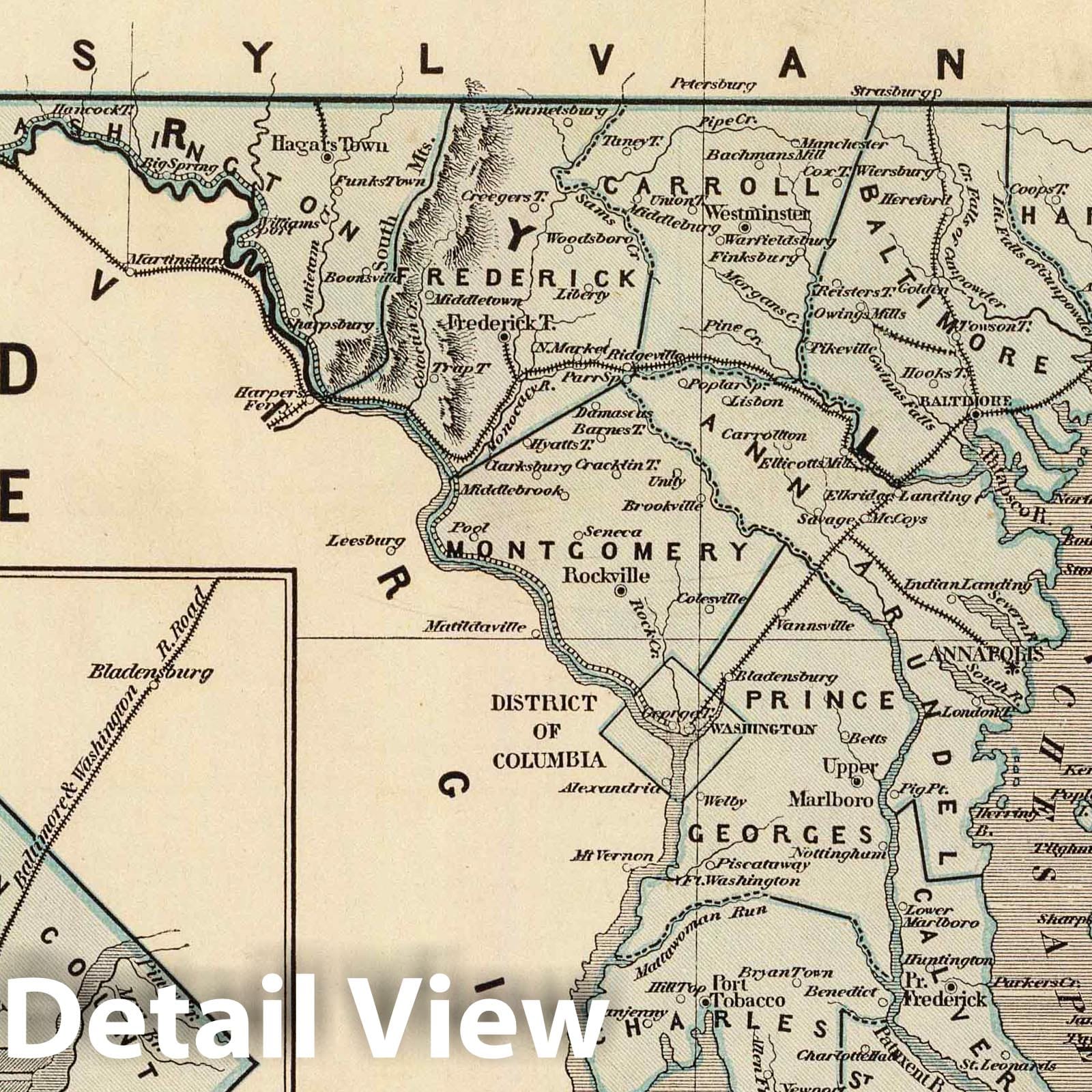 Maryland, Delaware, and District of Columbia - Railroad Map, 1845
