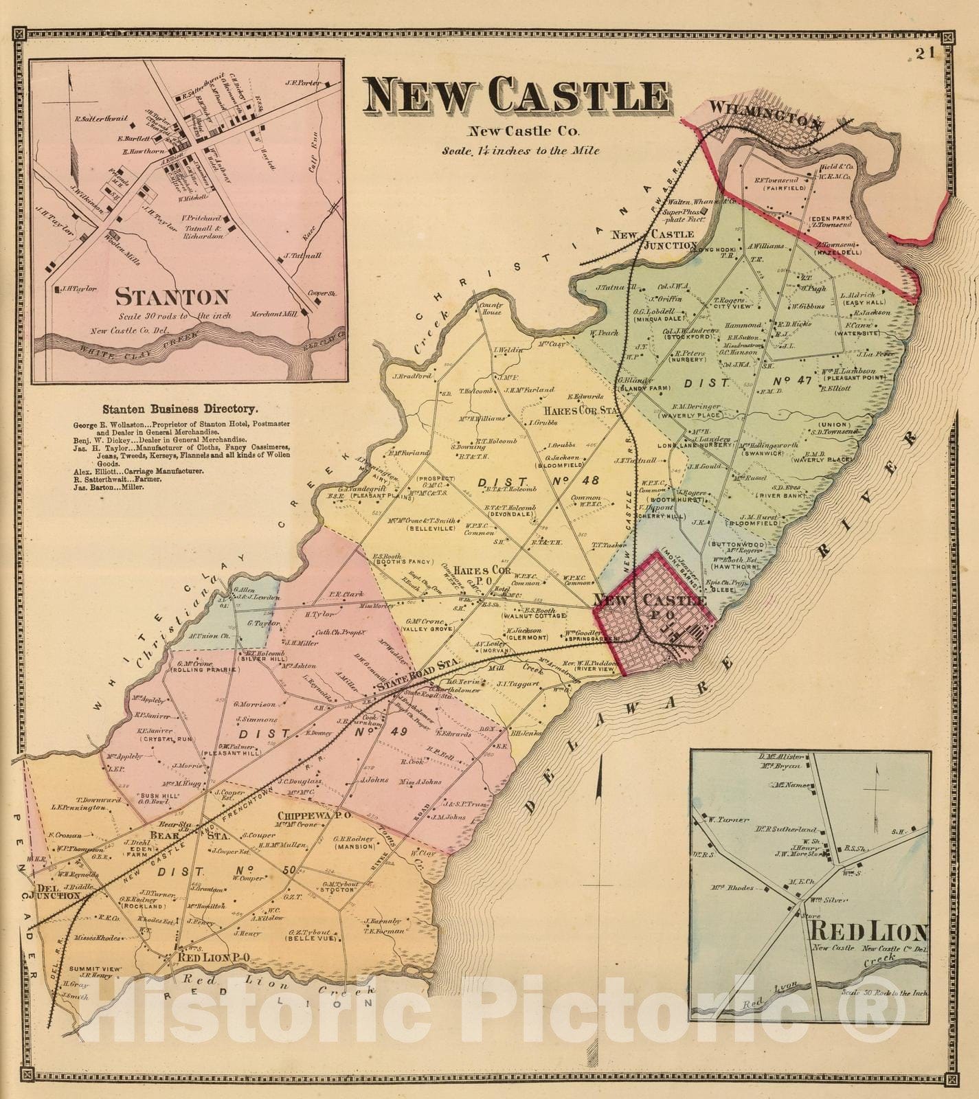 New Castle, Stanton, and Red Lion, Delaware - 1868 Railroad Map Print