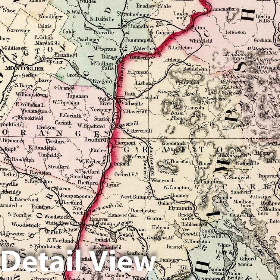 New Hampshire and Vermont - Railroad Map, 1874 - Historical Map Print