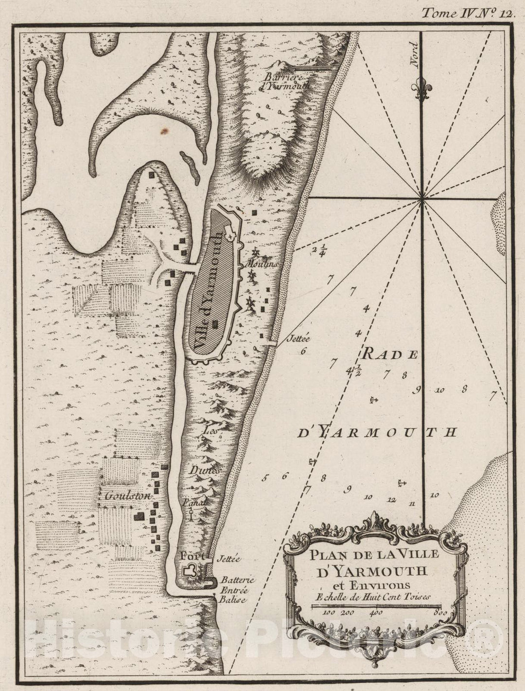 Historic Map : England, , Europe 1764 Plan de la Ville d'Yarmouth et Environs , Vintage Wall Art