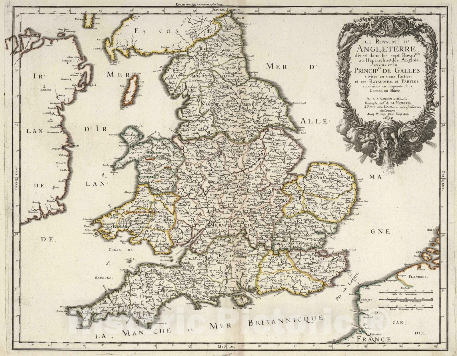Historic Map : 1698 England. - Vintage Wall Art