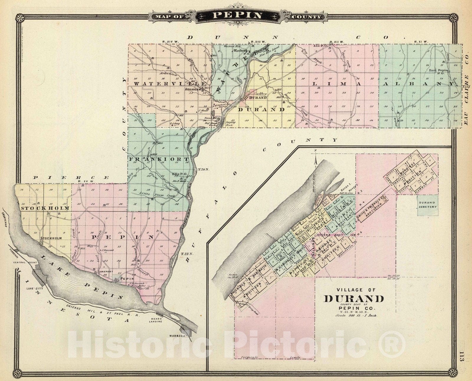 Historic Map : 1878 Map of Pepin County and Village of Durand. - Vintage Wall Art
