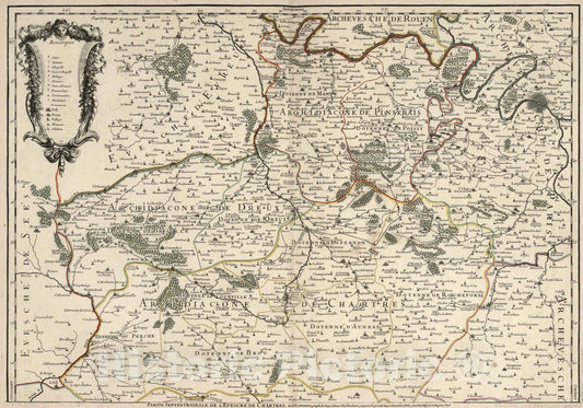 Historic Map : Chartres , France 1695 L'Evesche de Chartres Divise en Archidiaconez et Doyennez (northern sheet). , Vintage Wall Art