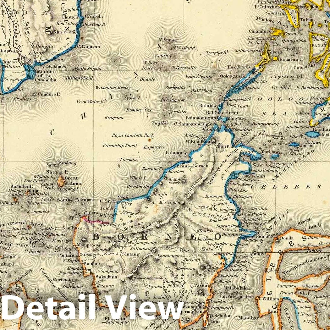 East Indies with Singapore - Physical Map, 1856 - Historical Map Print