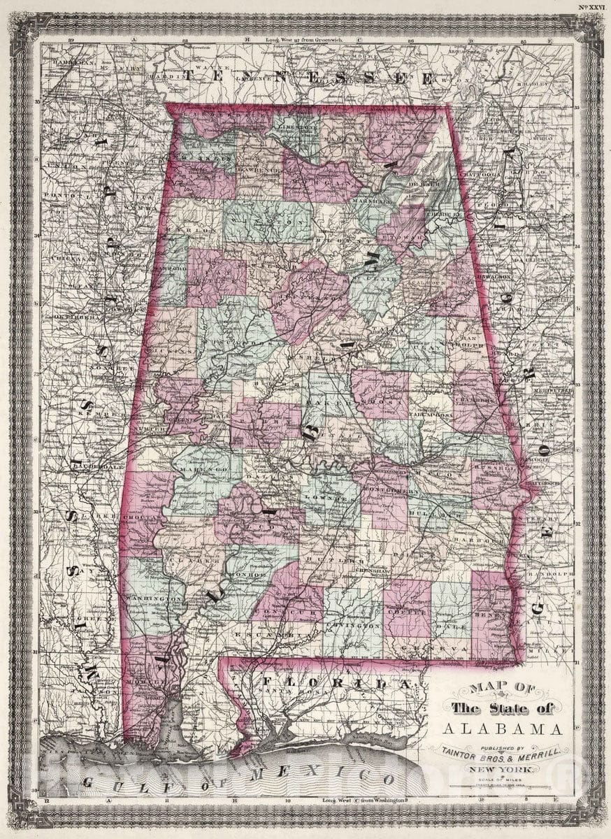 Historic Map : 1874 Alabama. v1 - Vintage Wall Art